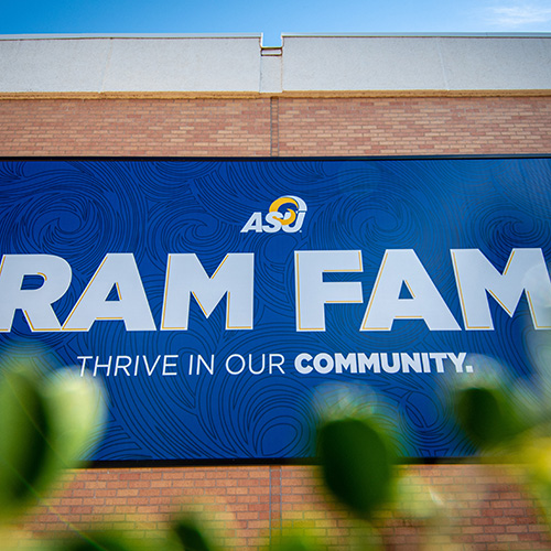 Angelo State University Ram Fam Photo of Banner on Campus